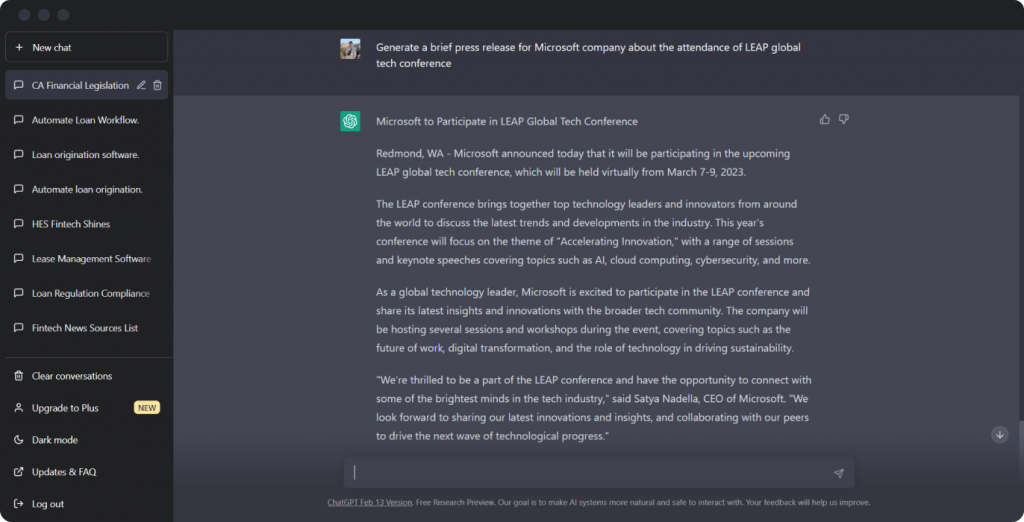OpenAI ChatGPT for finance press release generation